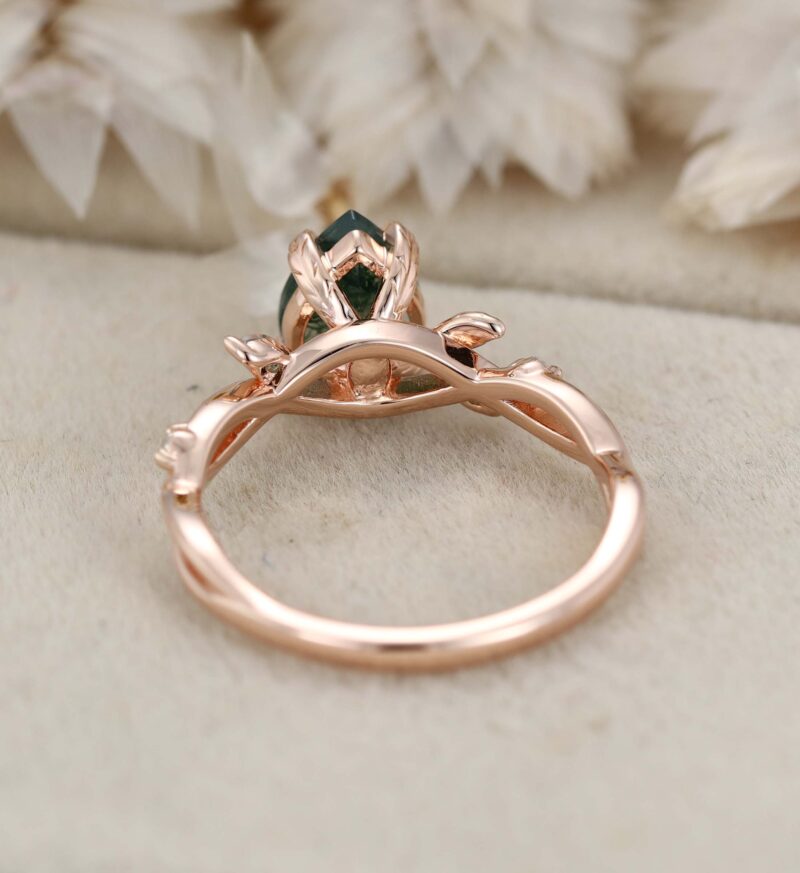 Nature Inspired Pear cut Moss Agate Engagement Ring Vintage Rose Gold Moss Leaf design art deco Ring Wedding Bridal Anniversary Promise Gift