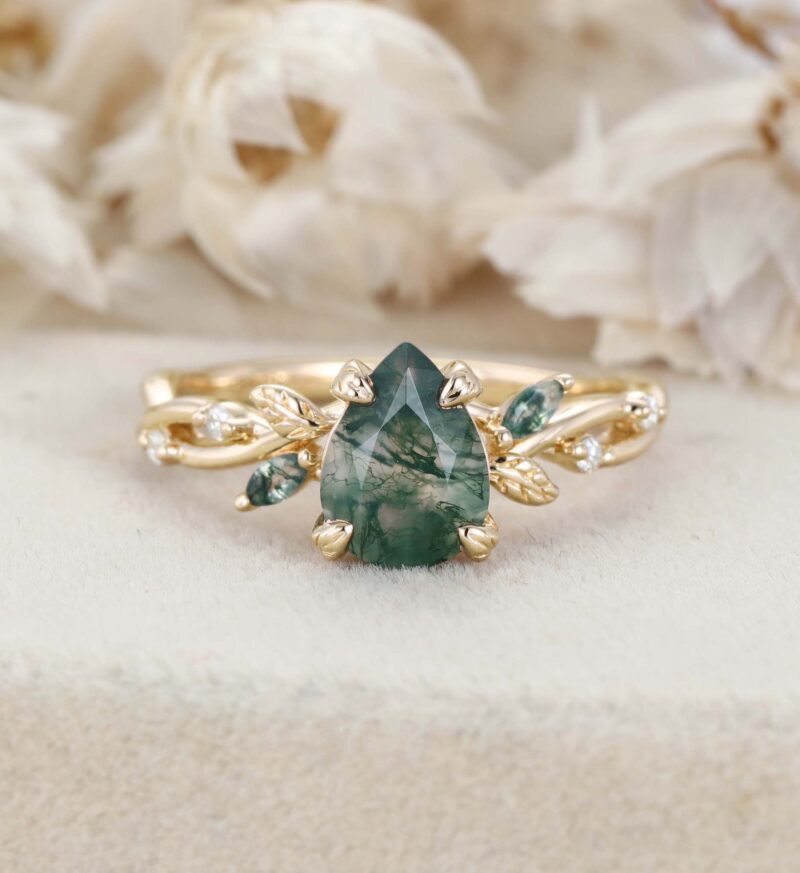 Nature Inspired Pear cut Moss Agate Engagement Ring Vintage Rose Gold Moss Leaf design art deco Ring Wedding Bridal Anniversary Promise Gift