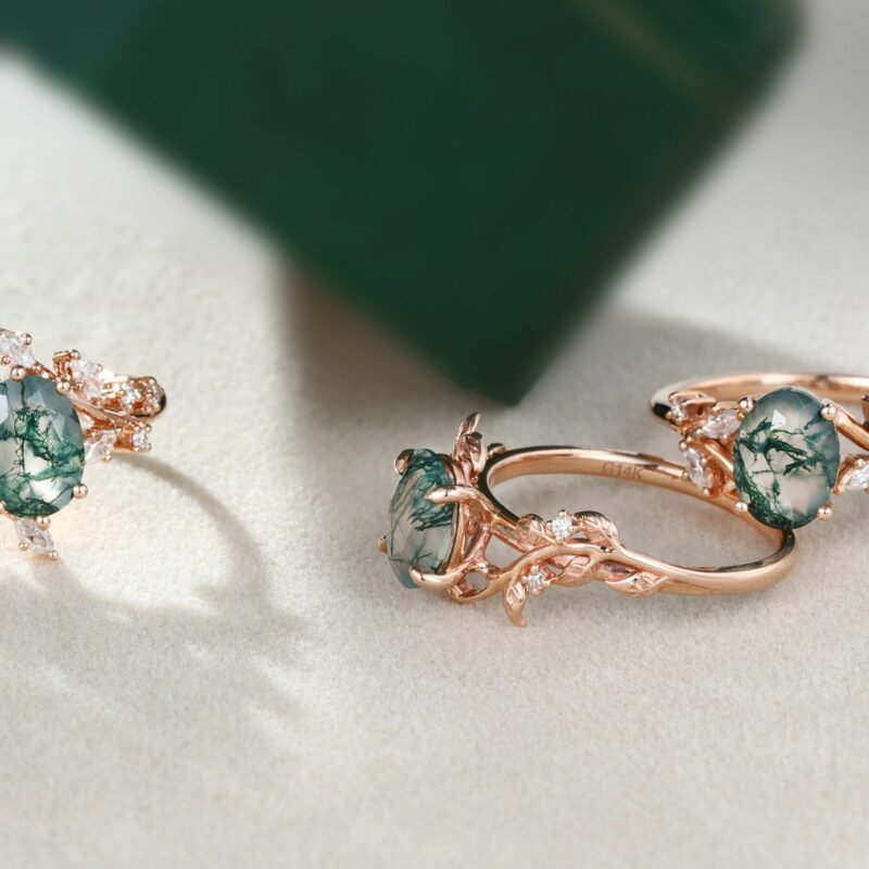 Nature-inspired designs are a popular trend in moss agate engagement rings.