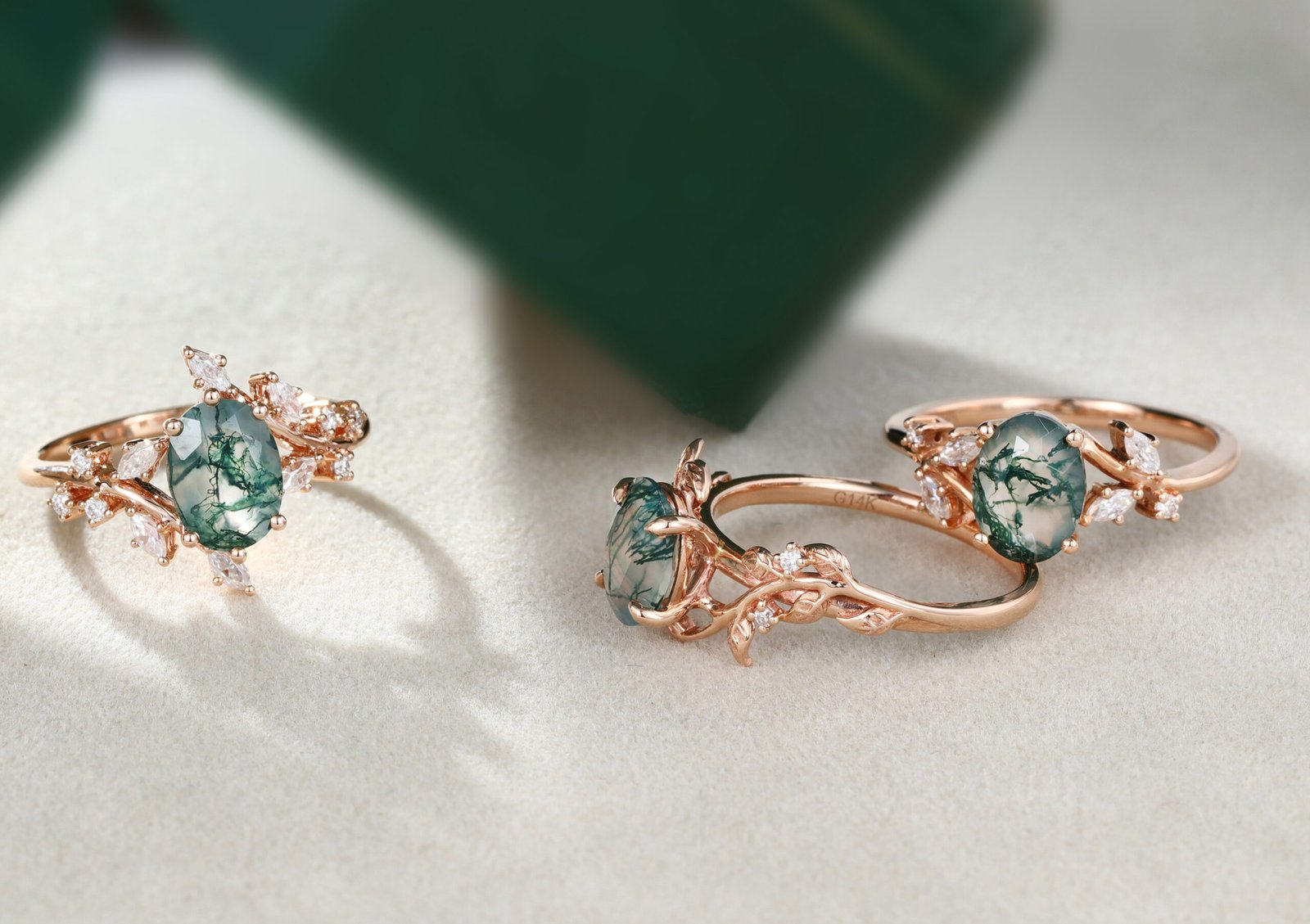 Nature-inspired designs are a popular trend in moss agate engagement rings.