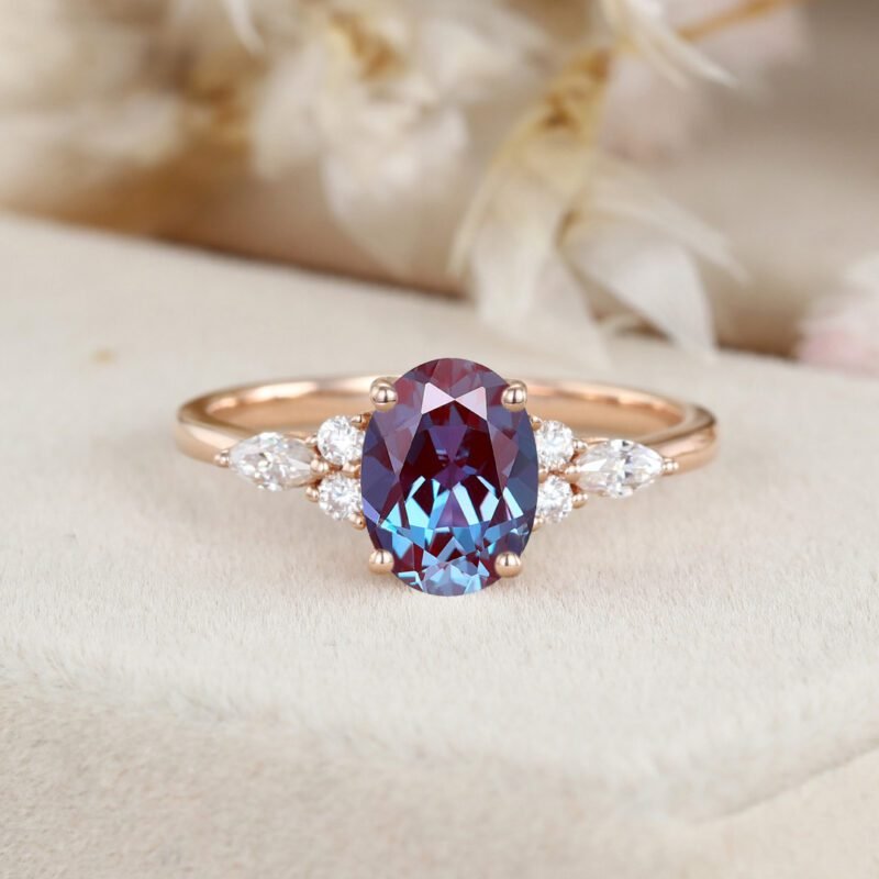 Ova Alexandrite engagement ring Unique Vintage Rose gold engagement ring women Marquise cluster ring Bridal promise ring Anniversary gift