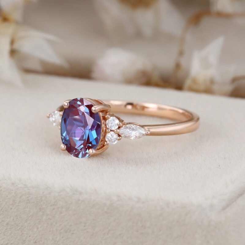 Ova Alexandrite engagement ring Unique Vintage Rose gold engagement ring women Marquise cluster ring Bridal promise ring Anniversary gift