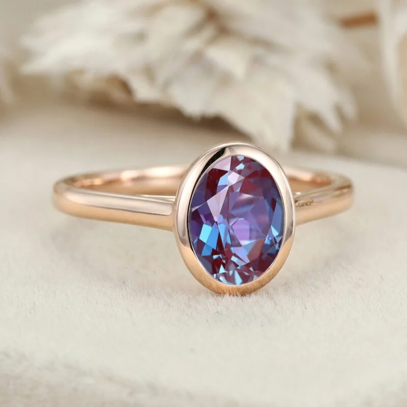 Oval Alexandrite Bezel Solitaire Wedding Ring Oval Cut Alexandrite Engagement Ring Oval Bezel Promise Ring Simple Bezel Set Bridal Ring