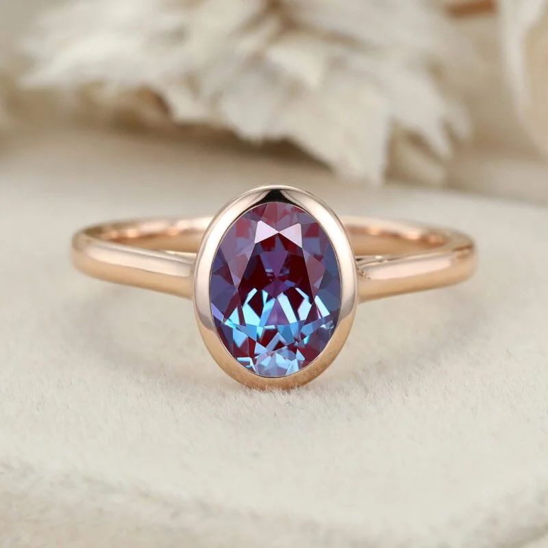 Oval Alexandrite Bezel Solitaire Wedding Ring Oval Cut Alexandrite Engagement Ring Oval Bezel Promise Ring Simple Bezel Set Bridal Ring