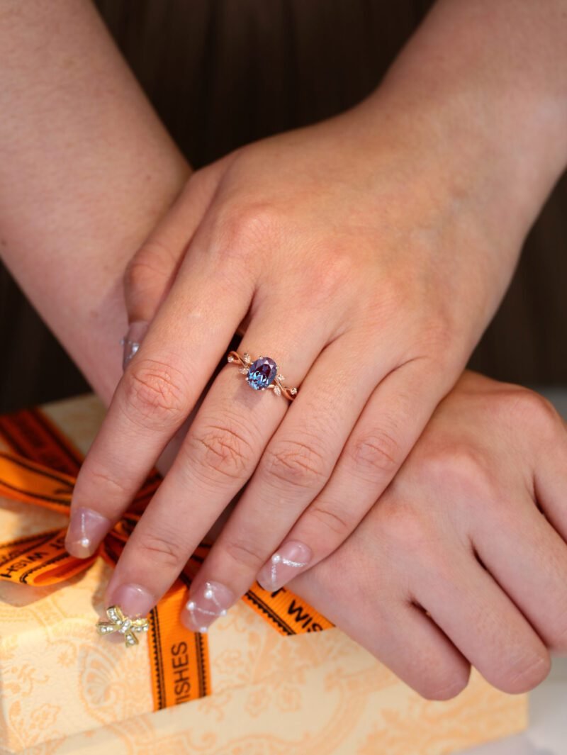 Oval Alexandrte engagement ring Vintage art deco leaf rose gold engagement ring Unique diamond ring Bridal Anniversary promise gift for her