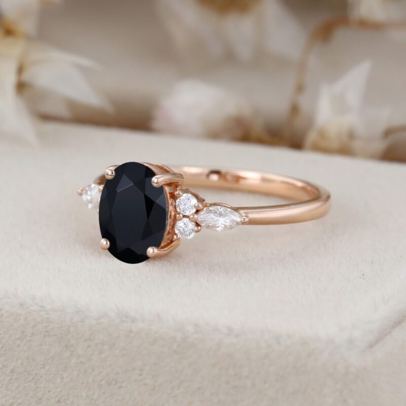 Oval Black Onyx engagement ring Vintage Unique Cluster rose gold engagement ring women Marquise diamond wedding Bridal art deco Anniversary