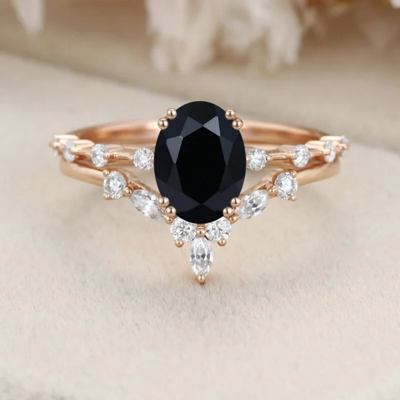 Oval Black Onyx engagement ring set vintage moissanite engagement ring Unique Rose gold engagement ring wedding Bridal Promise Anniversary gift