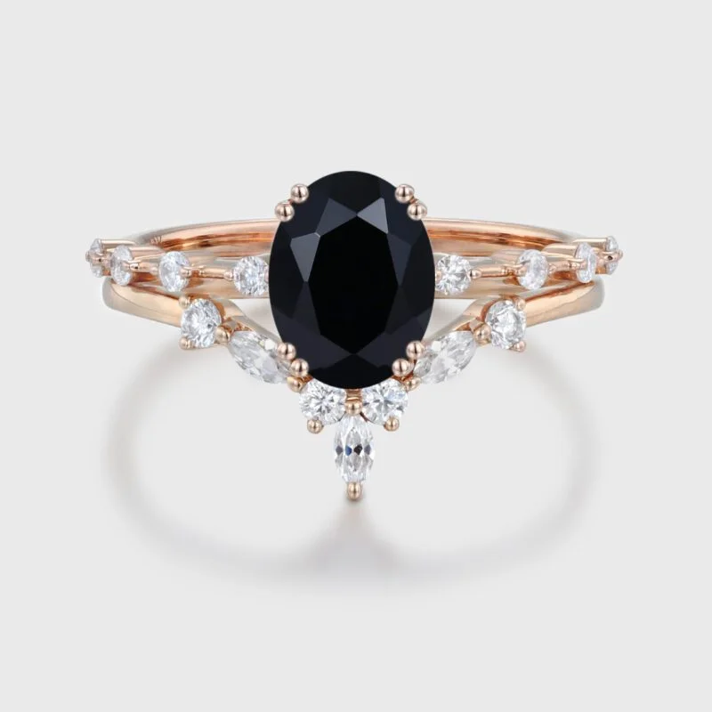 Oval Black Onyx engagement ring set vintage moissanite engagement ring Unique Rose gold engagement ring wedding Bridal Promise Anniversary gift