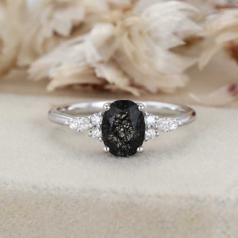 Oval Black Quartz Rutilated Engagement Ring 14K White Gold Marquise Cut Diamond Wedding Ring Gift For Her