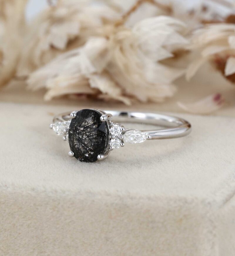 Oval Black Quartz Rutilated Engagement Ring 14K White Gold Marquise Cut Diamond Wedding Ring Gift For Her