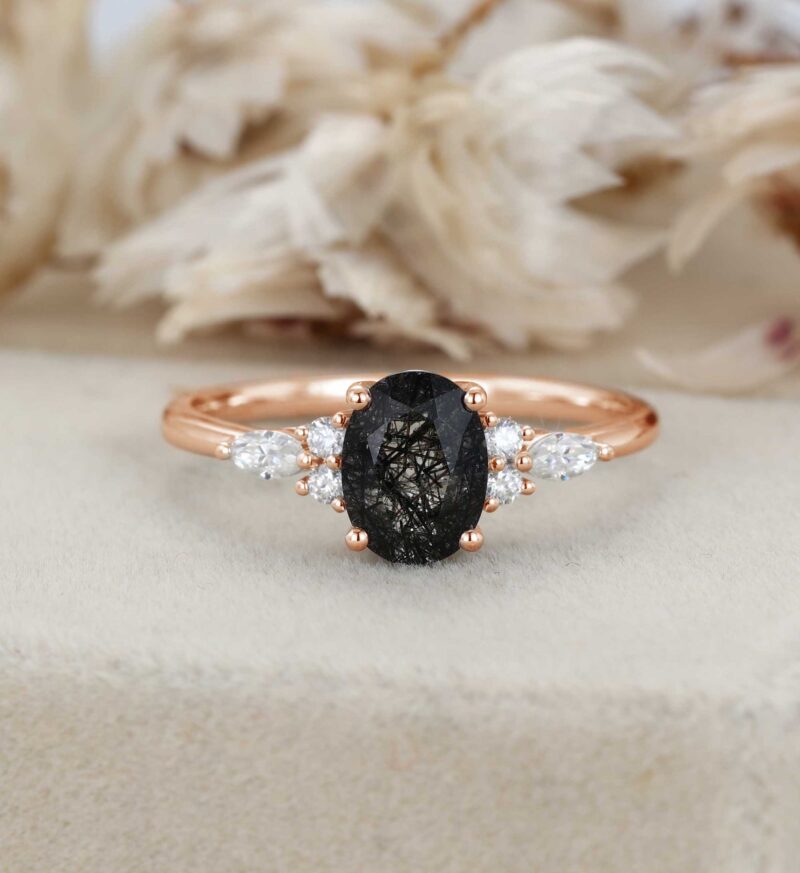 Oval Black Quartz Rutilated Engagement Ring 14K White Gold Marquise Cut Diamond Wedding Ring Gift For Her