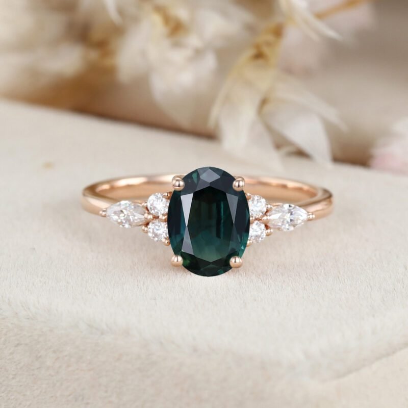 Oval Blue green sapphire engagement ring unique Vintage engagement ring Rose gold Marquise ring Cluster ring Bridal promise Anniversary ring