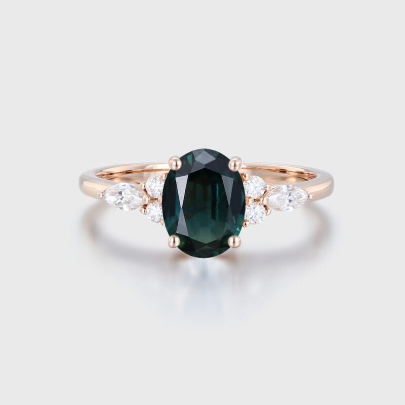 Oval Cut Lab-Grown Blue-Green Sapphire Engagement Ring in 18K Rose Gold