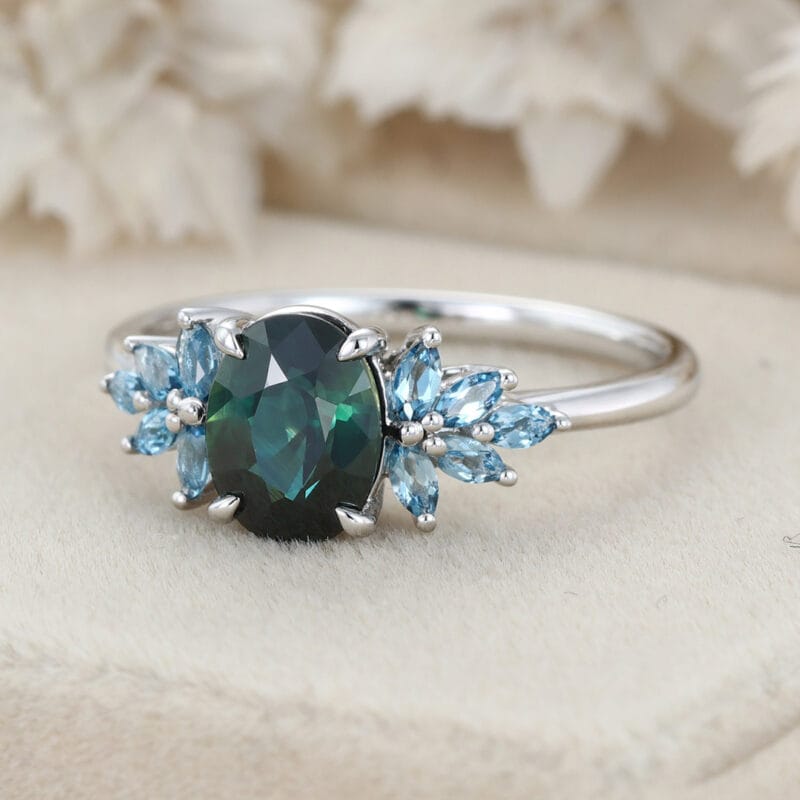 Oval Cut Blue Green Sapphire Engagement Ring 14K Rose Gold Engagement Ring Solid Gold Ring Marquise Cluster Topaz Ring Anniversary Gift