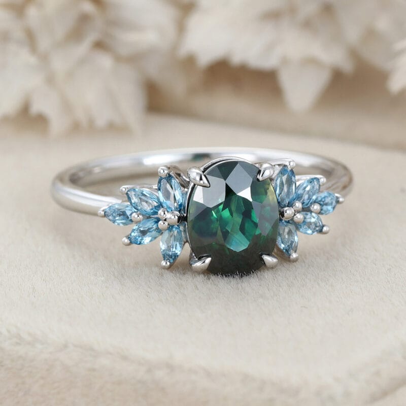 Oval Cut Blue Green Sapphire Engagement Ring 14K Rose Gold Engagement Ring Solid Gold Ring Marquise Cluster Topaz Ring Anniversary Gift