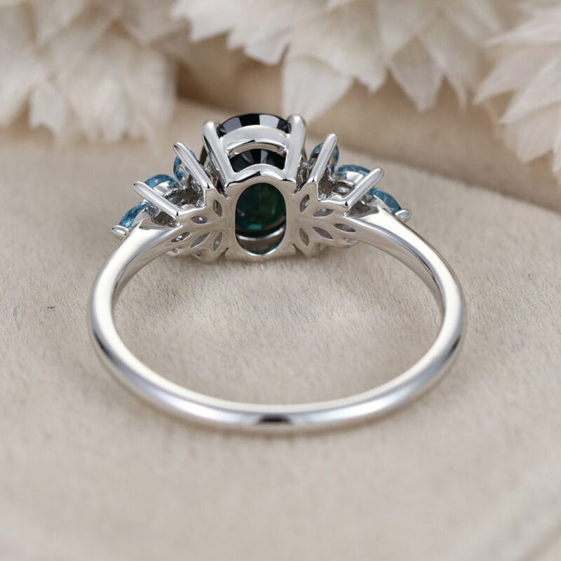 Oval Cut Blue Green Sapphire Engagement Ring 14K Rose Gold Engagement Ring Solid Gold Ring Marquise Cluster Topaz Ring Anniversary Gift