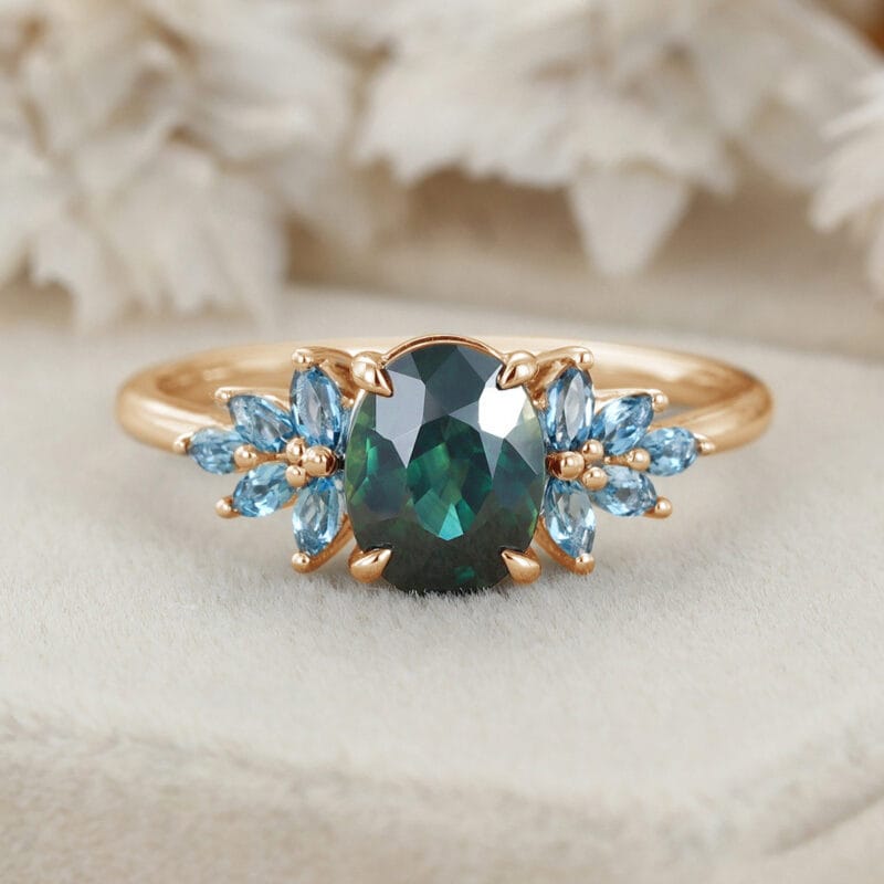 Oval Cut Blue Green Sapphire Engagement Ring 14K Rose Gold Engagement Ring Solid Gold Ring Marquise Cluster Topaz Ring Anniversary Gift