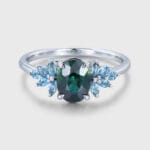 Oval Cut Blue Green Sapphire and Topaz Engagement Ring – 14K White Gold Marquise Cluster Anniversary Gift