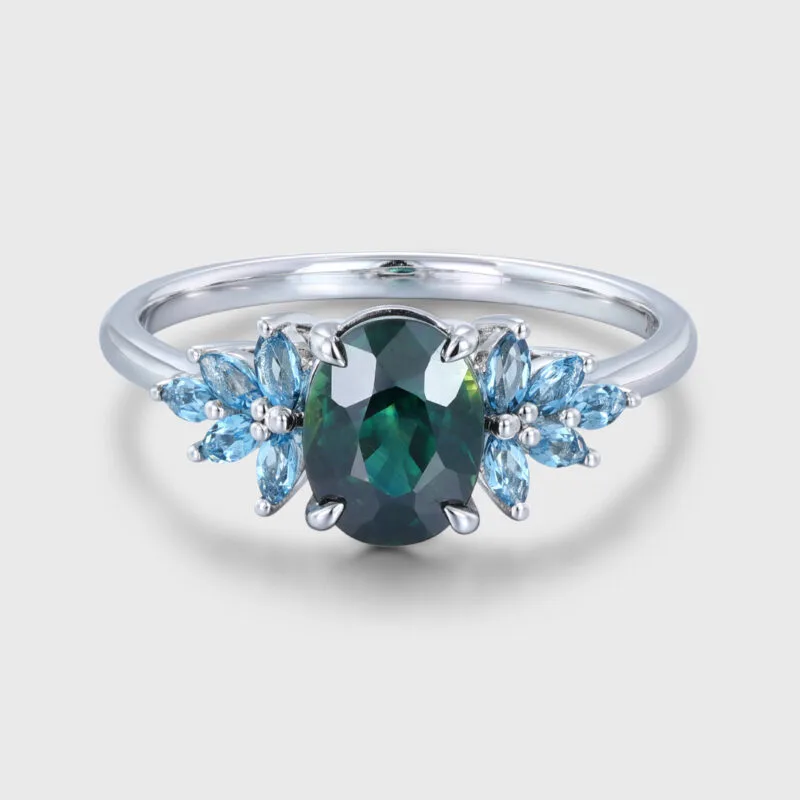 Oval Cut Blue Green Sapphire Engagement Ring 14K Rose Gold Engagement Ring Solid Gold Ring Marquise Cluster Topaz Ring Anniversary Gift