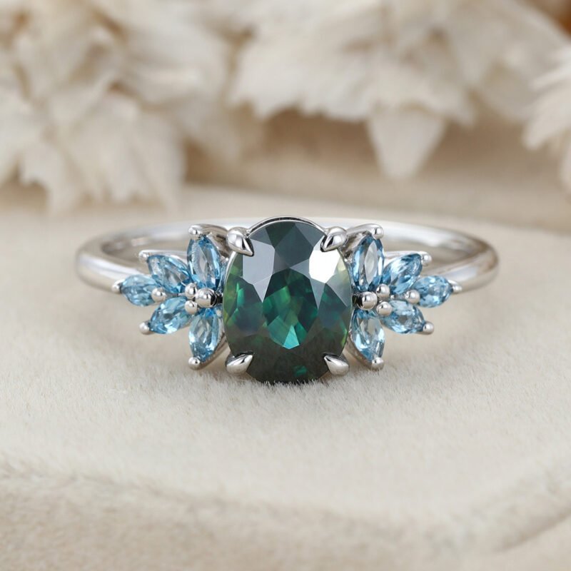 Oval Cut Blue Green Sapphire Engagement Ring 14K Rose Gold Engagement Ring Solid Gold Ring Marquise Cluster Topaz Ring Anniversary Gift