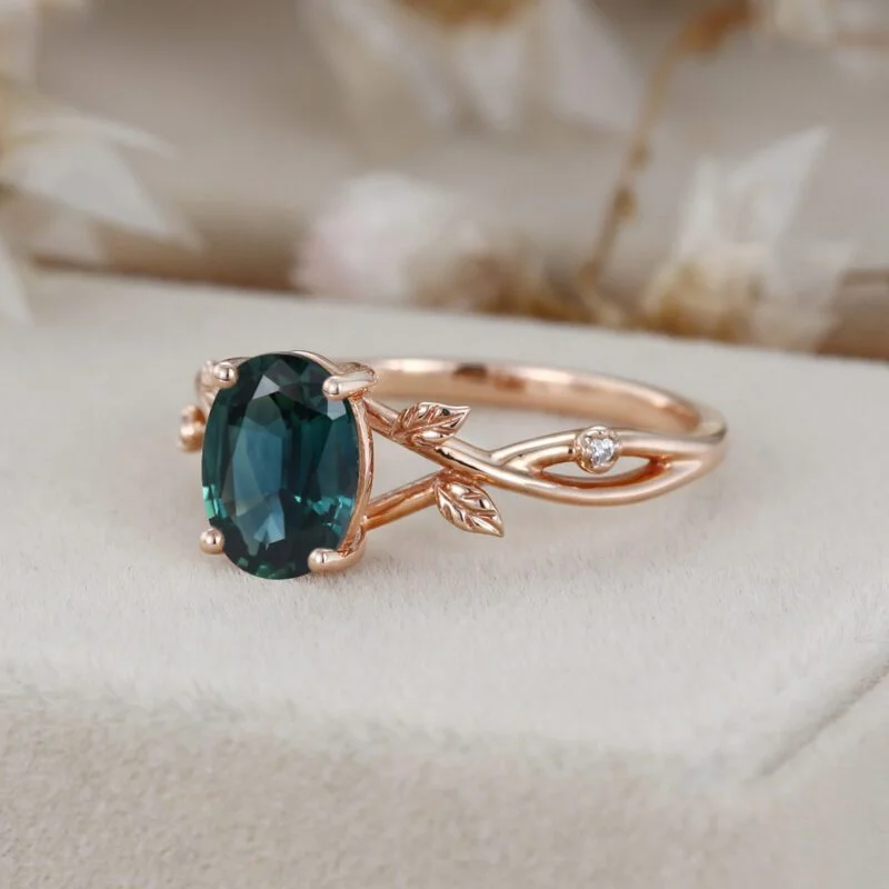 Oval Cut Lab Blue green sapphire Engagement Ring Vintage Rose Gold Branch Diamond Art Deco Ring Unique Wedding Promise Ring Anniversary Gift women