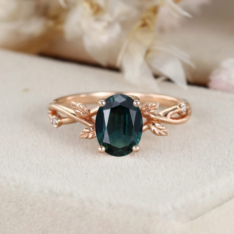 Oval Cut Lab Blue green sapphire Engagement Ring Vintage Rose Gold Branch Diamond Art Deco Ring Unique Wedding Promise Ring Anniversary Gift women