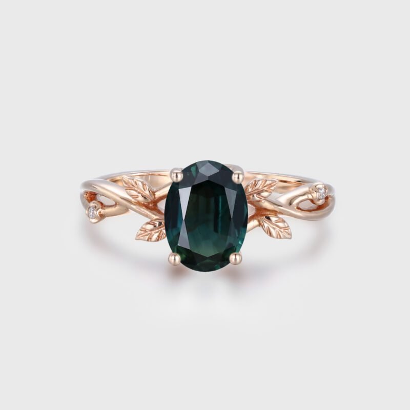 Oval Cut Lab Blue green sapphire Engagement Ring Vintage Rose Gold Branch Diamond Art Deco Ring Unique Wedding Promise Ring Anniversary Gift women
