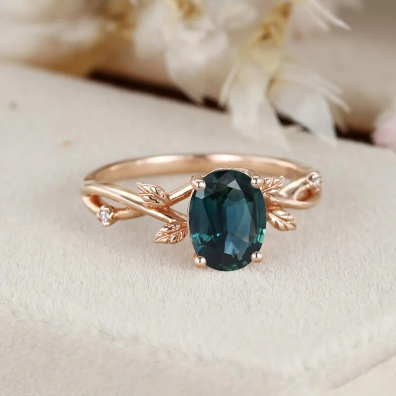 Oval Cut Lab Blue green sapphire Engagement Ring Vintage Rose Gold Branch Diamond Art Deco Ring Unique Wedding Promise Ring Anniversary Gift women