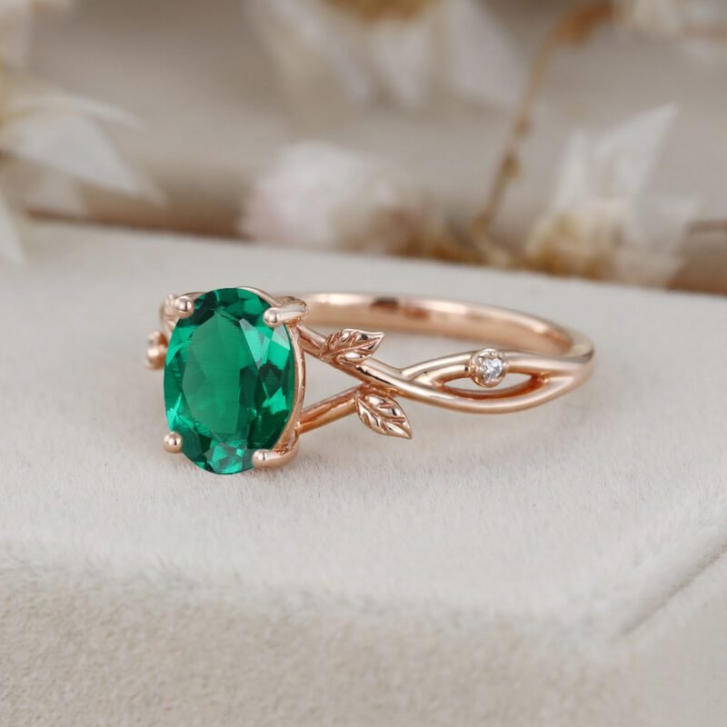 Oval Cut Lab Emerald Engagement Ring Vintage14K Rose Gold Branch Diamond Art Deco Ring Unique Wedding Promise Ring Anniversary Gift women