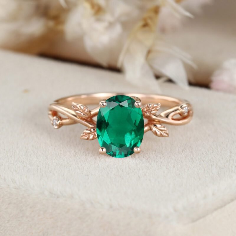 Oval Cut Lab Emerald Engagement Ring Vintage14K Rose Gold Branch Diamond Art Deco Ring Unique Wedding Promise Ring Anniversary Gift women