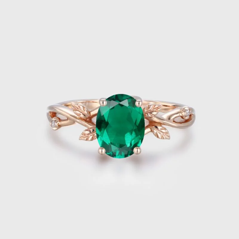 Oval Cut Lab Emerald Engagement Ring Vintage14K Rose Gold Branch Diamond Art Deco Ring Unique Wedding Promise Ring Anniversary Gift women