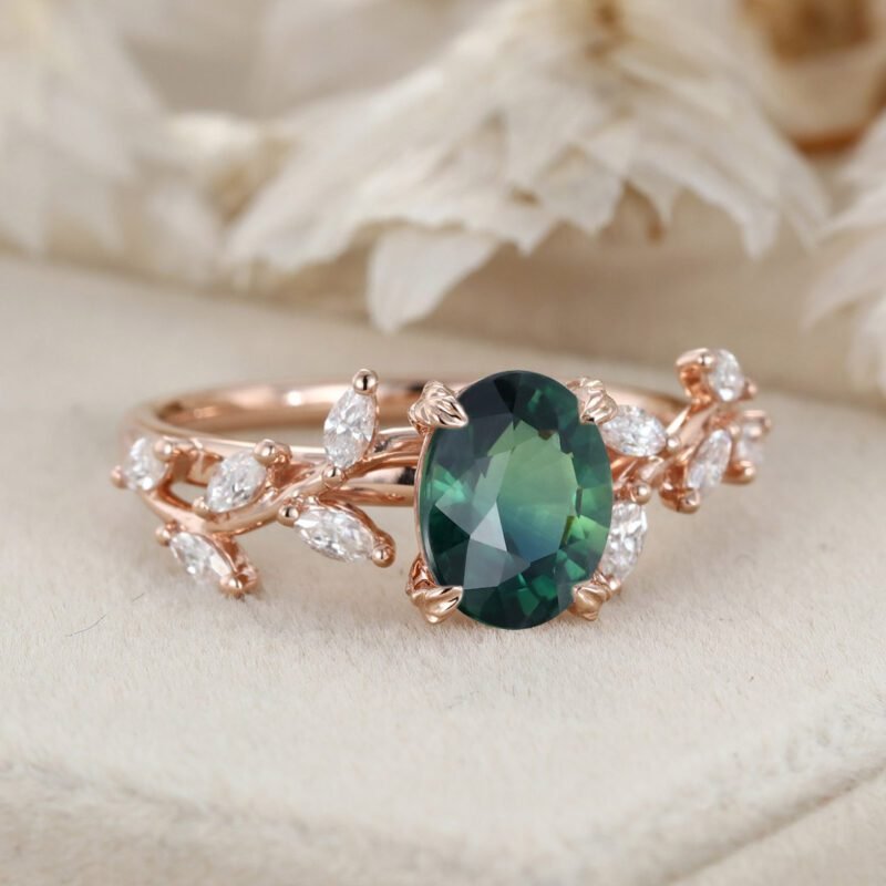 Oval Cut Lab-Grown Blue Green Sapphire Ring 14K Solid Gold Engagement Ring Branch Marquise Moissanite Cluster Ring