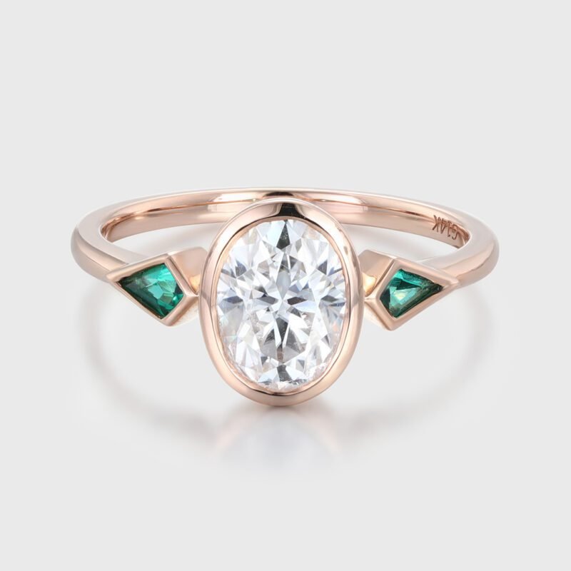 Oval Cut Moissanite Engagement Ring 14K Solid Gold Kite Cut Lab Emerald Ring 3 Stone Bezel Engagement Ring