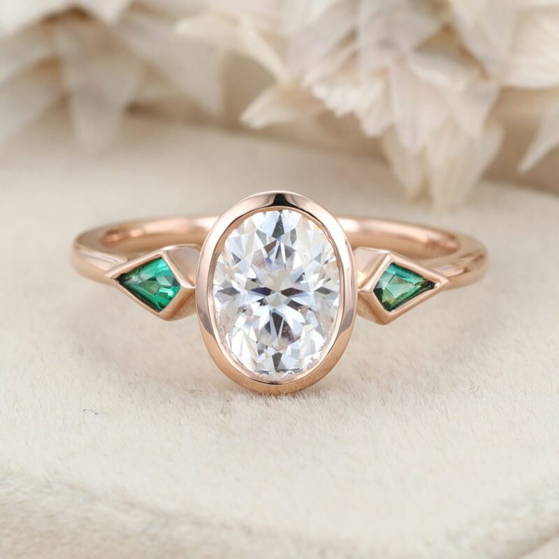 Oval Cut Moissanite Engagement Ring 14K Solid Gold Kite Cut Lab Emerald Ring 3 Stone Bezel Engagement Ring