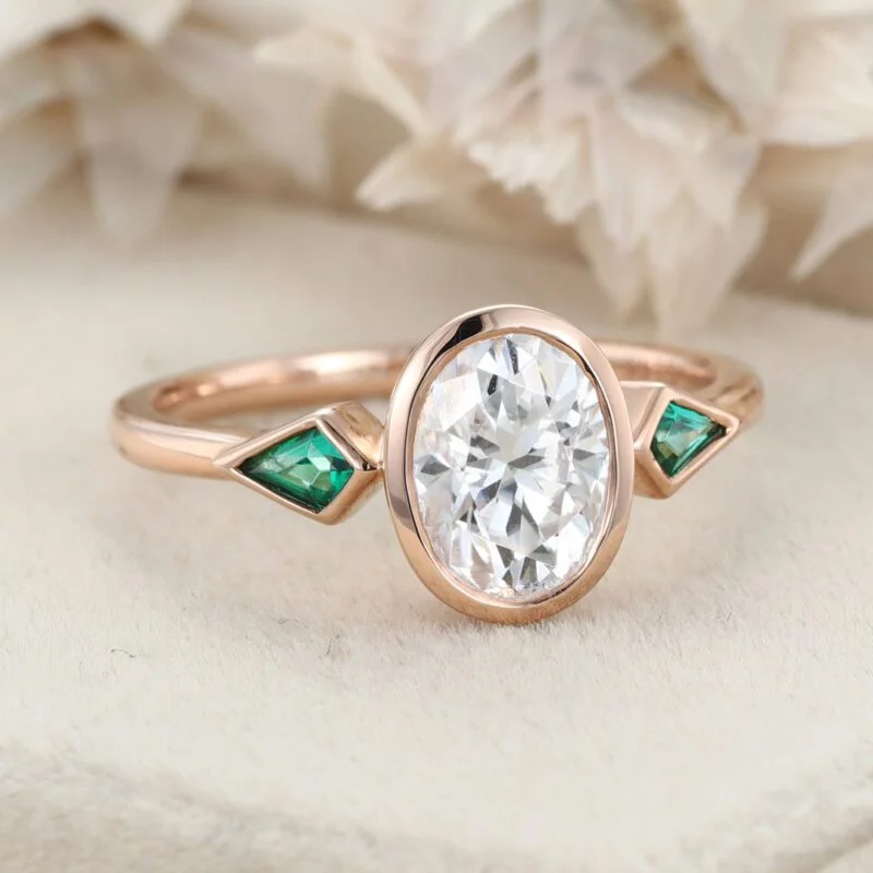 Oval Cut Moissanite Engagement Ring 14K Solid Gold Kite Cut Lab Emerald Ring 3 Stone Bezel Engagement Ring