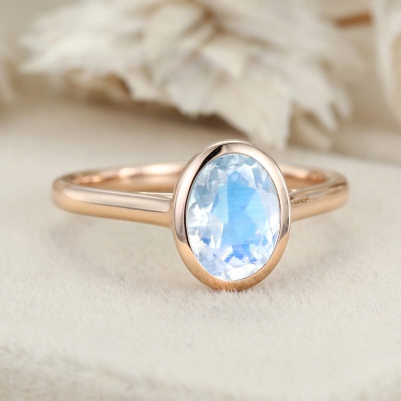 Oval Cut Moonstone Engagement Ring Rose Gold Bezel Set Engagement Ring Solitaire Wedding Ring Promise Ring Daily Wear Ring Ring For Women