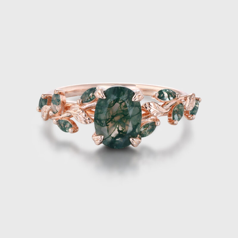 Oval Cut Moss Agate Engagement Ring, 14K Rose Gold Nature-Inspired Bridal Jewelry, Elegant Leaf Design Wedding Ring, Organic Gemstone Bridal Ring, Unique Vintage Engagement Ring