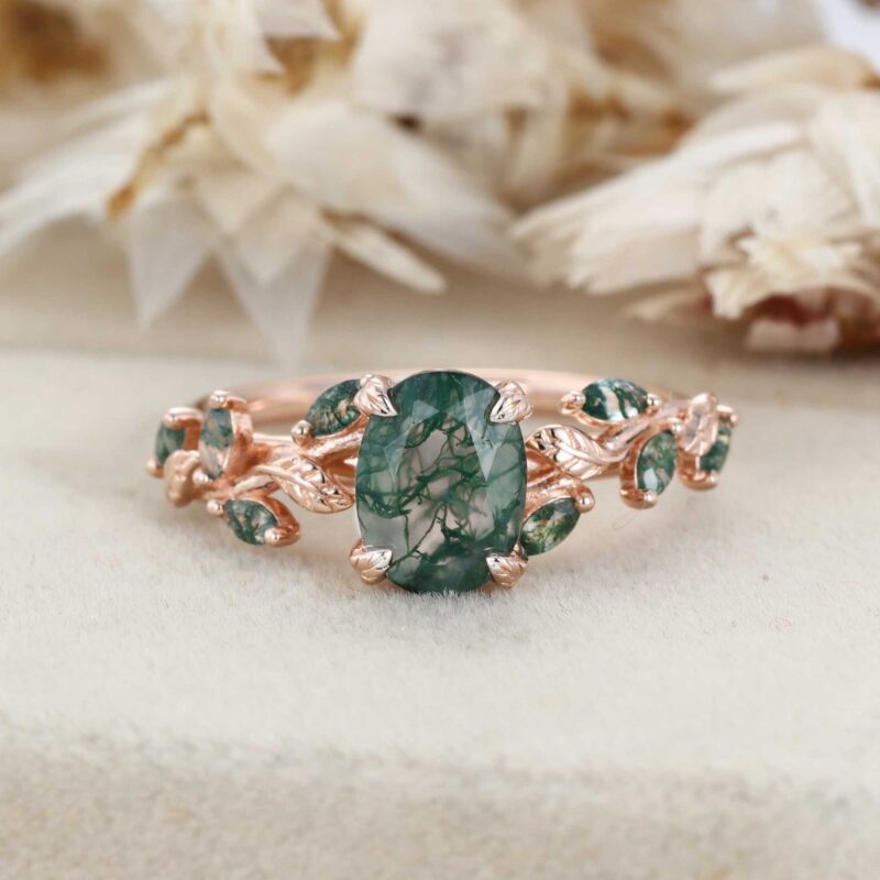 Oval Cut Moss Agate Engagement Ring Solid 14K Rose Gold Ring Marquise Moss Agate Bridal Ring Nature Inspired Leaf Ring