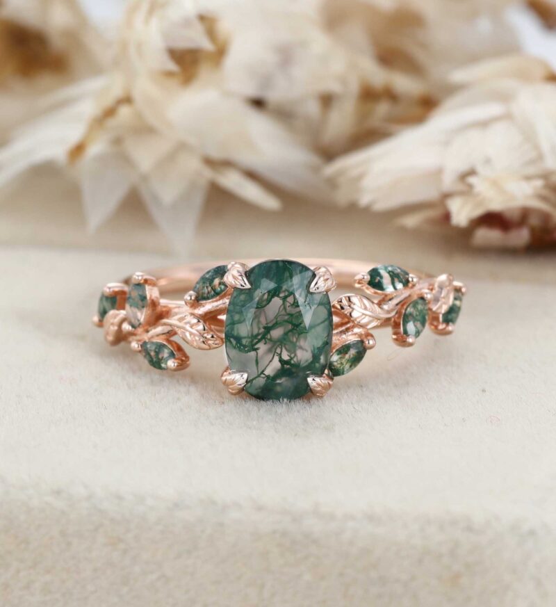 Oval Cut Moss Agate Engagement Ring Solid 14K Rose Gold Ring Marquise Moss Agate Bridal Ring Nature Inspired Leaf Ring