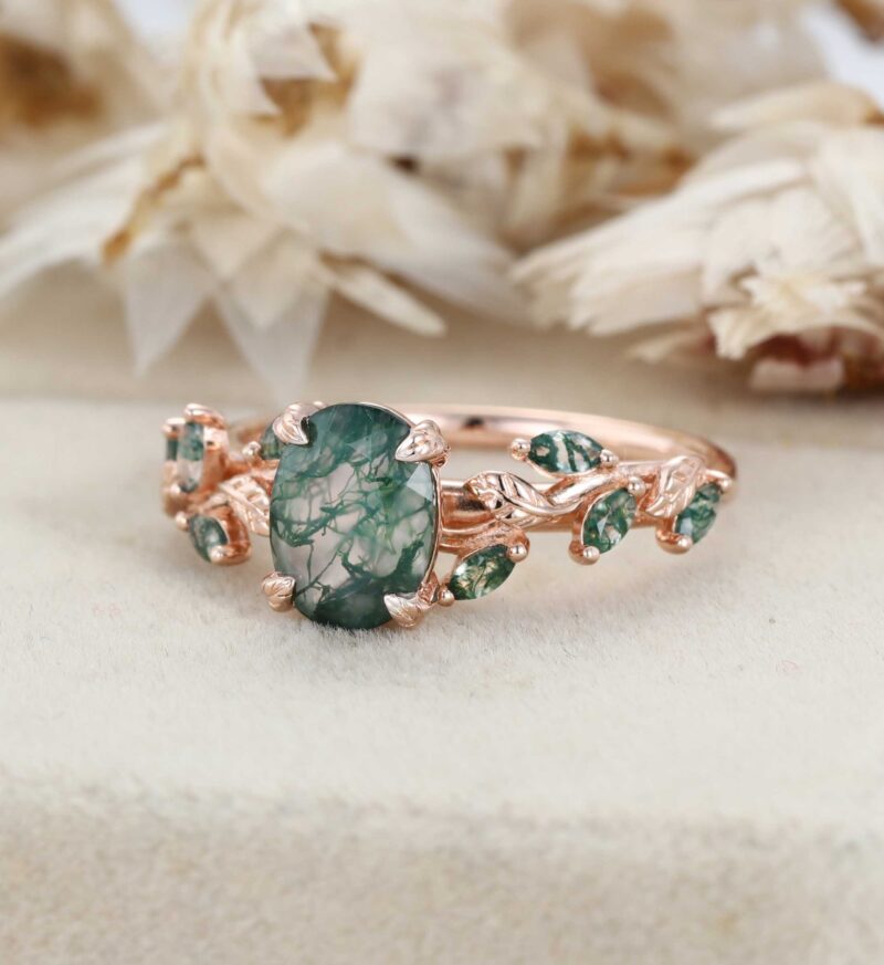 Oval Cut Moss Agate Engagement Ring Solid 14K Rose Gold Ring Marquise Moss Agate Bridal Ring Nature Inspired Leaf Ring