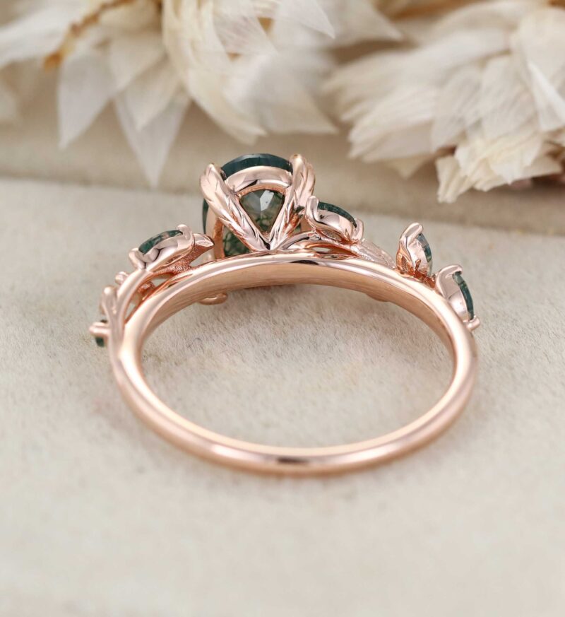 Oval Cut Moss Agate Engagement Ring Solid 14K Rose Gold Ring Marquise Moss Agate Bridal Ring Nature Inspired Leaf Ring