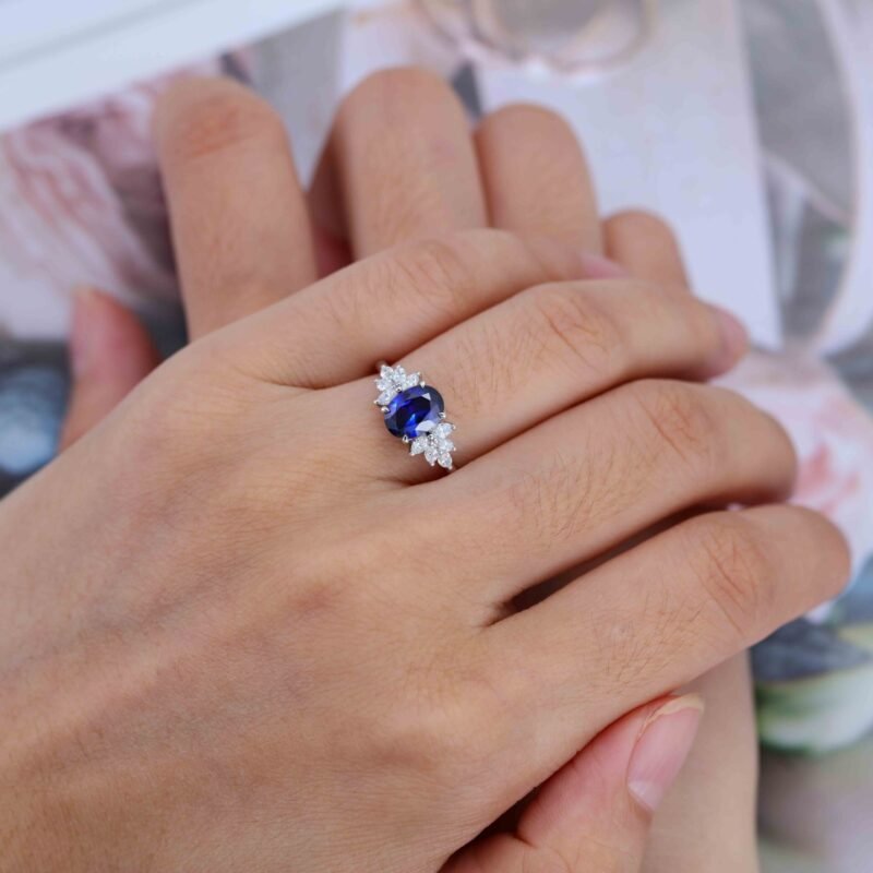 Oval Cut Sapphire Engagement Ring Women White Gold Engagement Ring Unique Vintage Cluster Marquise Diamond Wedding Bridal Anniversary Gift