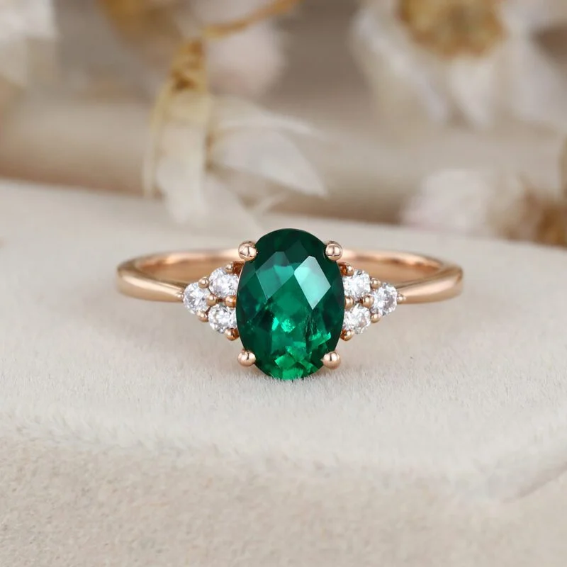 Oval Emerald engagement ring women unique rose gold engagement ring women vintage cluster diamond ring Bridal promise Anniversary gift