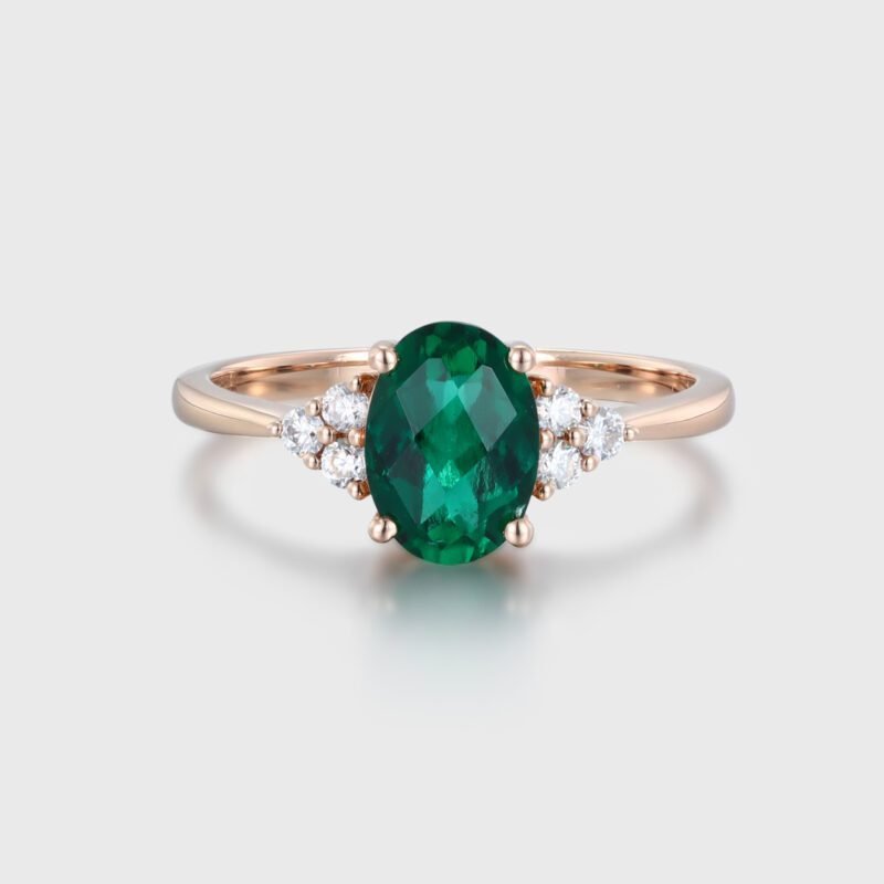 1.5 Ct Oval Lab Grown Emerald Cluster Engagement Ring In 14K Rose Gold