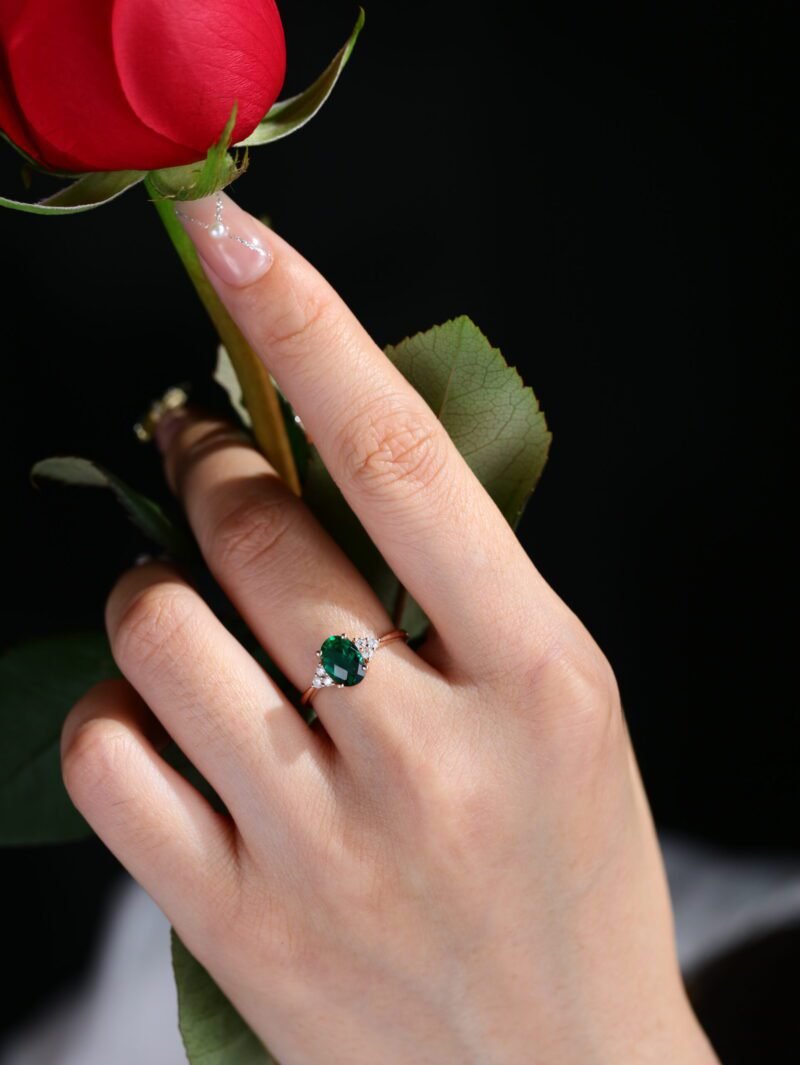 Oval Emerald engagement ring women unique rose gold engagement ring women vintage cluster diamond ring Bridal promise Anniversary gift