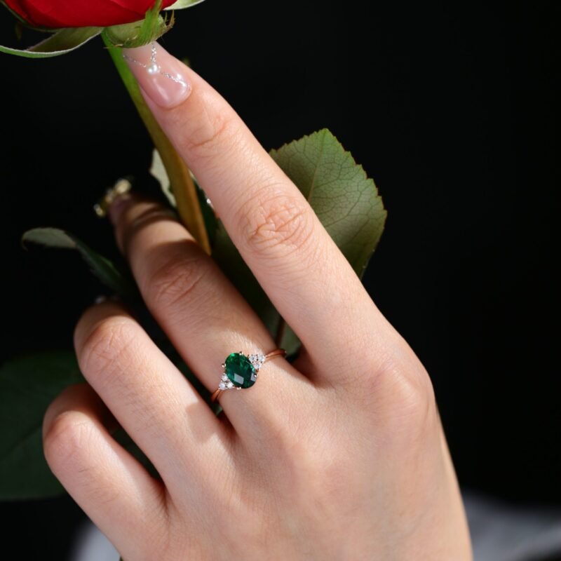 Oval Emerald engagement ring women unique rose gold engagement ring women vintage cluster diamond ring Bridal promise Anniversary gift