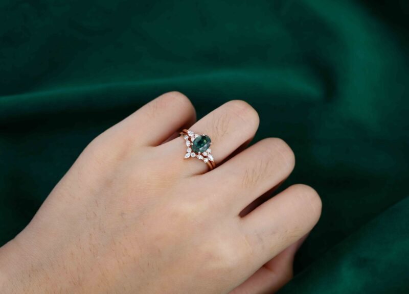 Oval Lab Blue green sapphire engagement ring set 14K Rose gold Moissanite engagement ring Diamond wedding Bridal Promise Anniversary gift