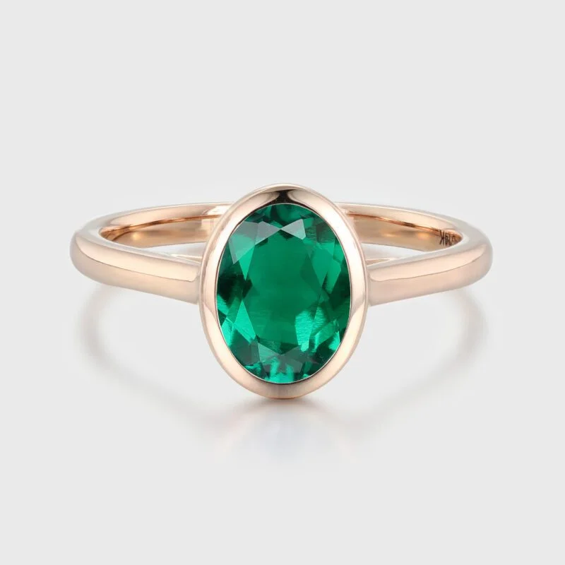 Oval Lab Emerald Engagement Ring Solitaire Ring 14K Rose Gold Emerald Ring Classic Ring May Birthstone Bezel Setting Anniversary Gift