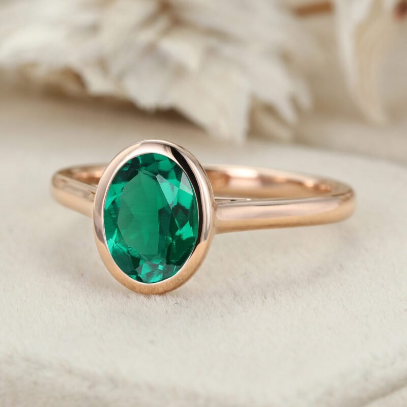 Oval Lab Emerald Engagement Ring Solitaire Ring 14K Rose Gold Emerald Ring Classic Ring May Birthstone Bezel Setting Anniversary Gift