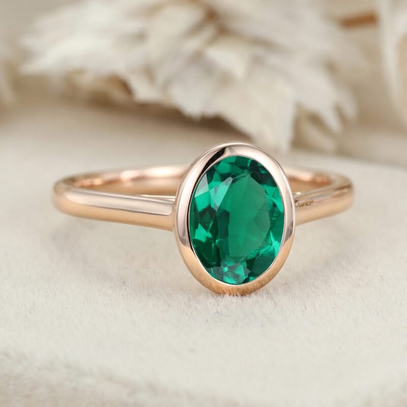 Oval Lab Emerald Engagement Ring Solitaire Ring 14K Rose Gold Emerald Ring Classic Ring May Birthstone Bezel Setting Anniversary Gift